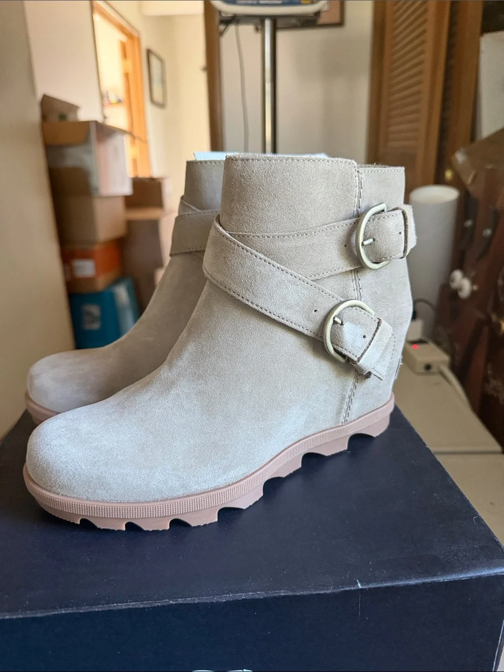 Sorel Beige Suede Joan of Arctic Wedge Ankle Boots with Double Buckle Straps